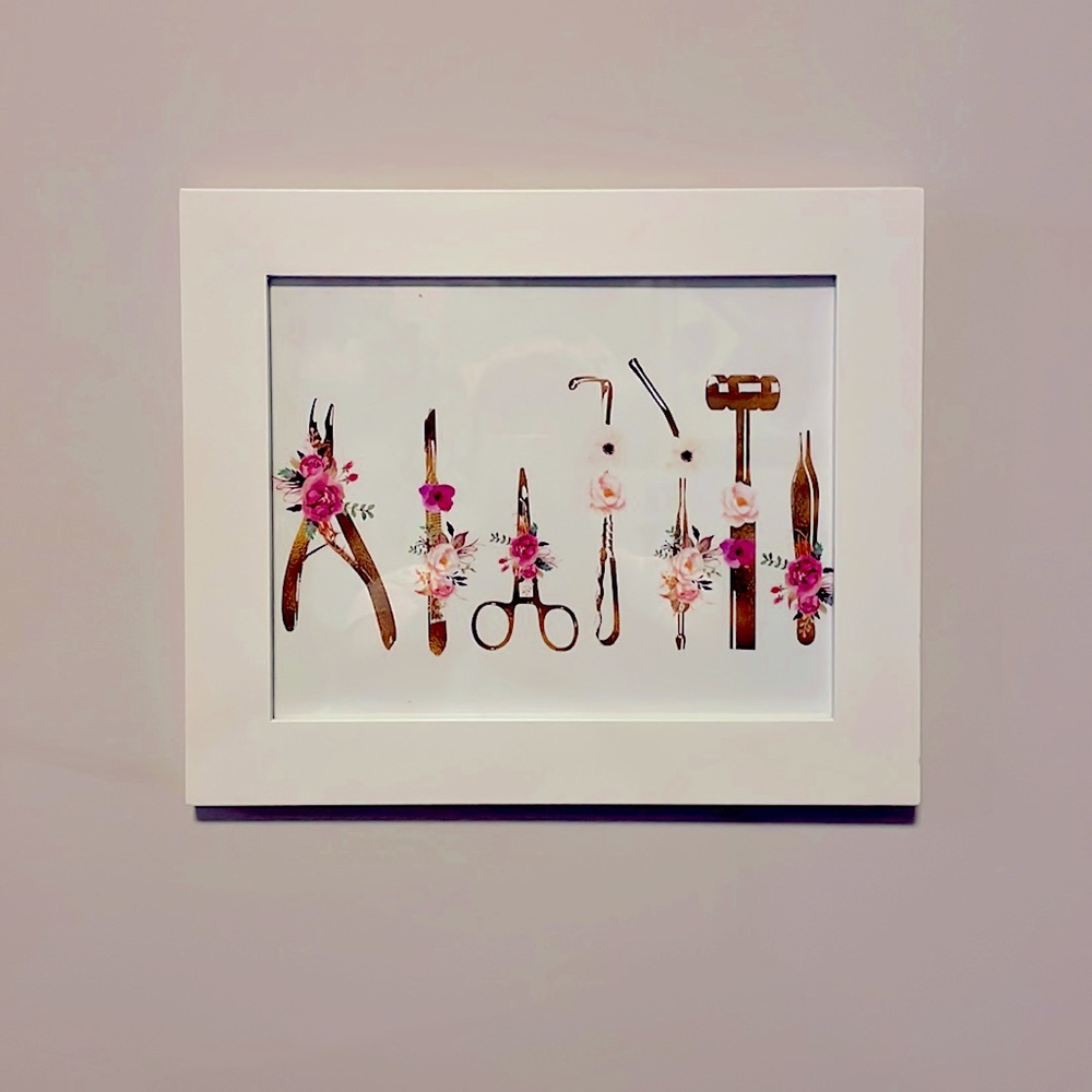 Framed artwork, wall art print of gold surgical instruments, new without tags